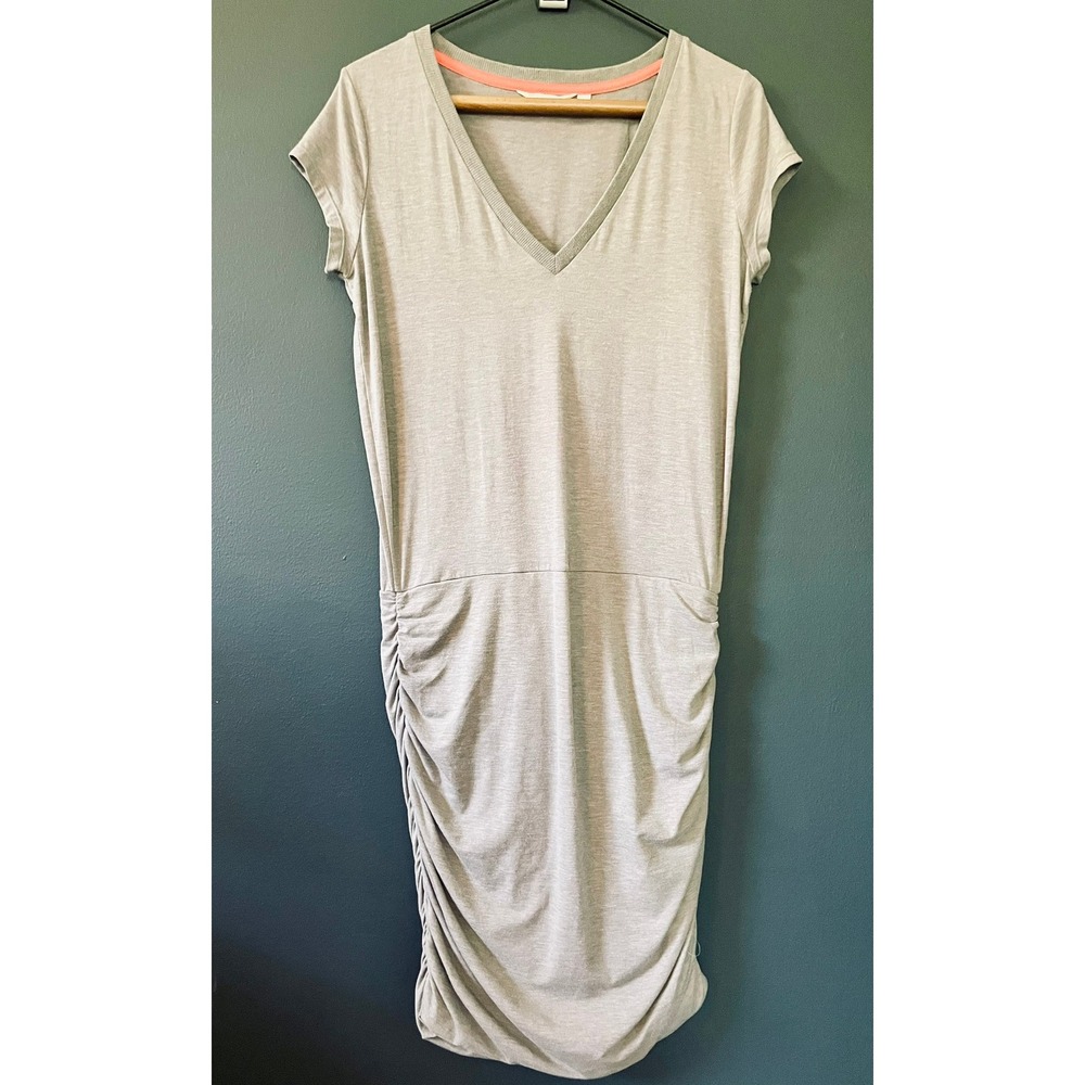 Athleta Topanga T-Shirt Dress, Heathered Gray V-Neck, Ruched Side, Drop Waist - Picture 2 of 13